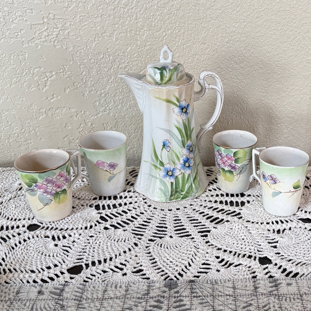 Hand-Painted Floral Porcelain Coffee Pot with Matching Cups